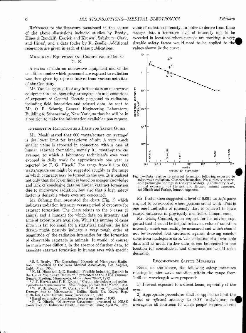AI-described figure: Figure 1 displays data relative to cataract formation following exposure to microwave radiation, comparing animal and human exposure cases.