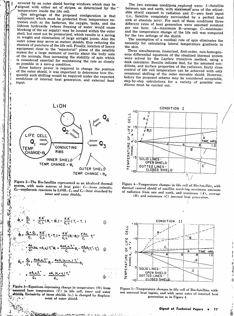 AI-described figure: Figure 4 illustrates temperature changes in a life cell within a Bio-Satellite under condition I with maximum radiation exposure from sun and earth, showing three different rates of heat generation.