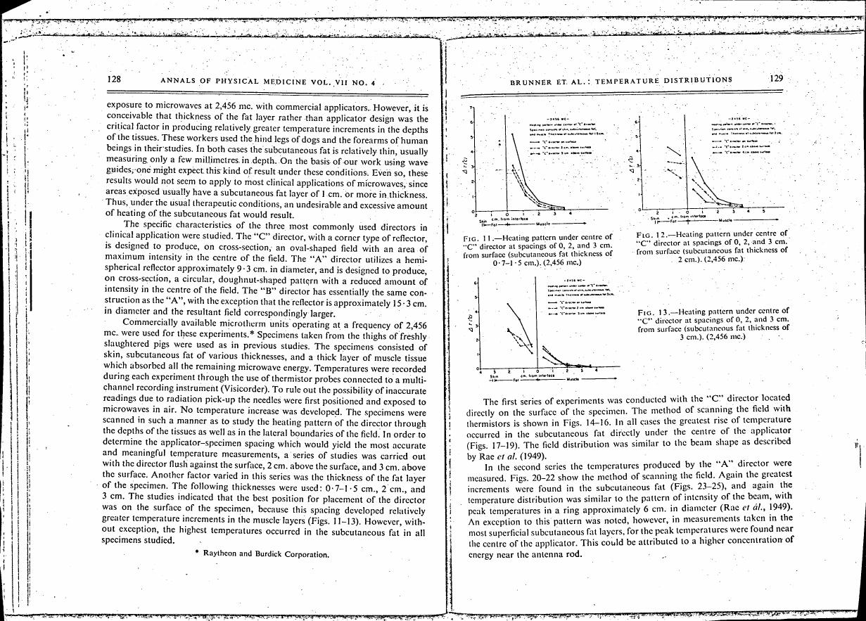 AI-described figure: Heating patterns under different spacings from a 'C' director at various subcutaneous fat thicknesses (Figs. 11-13).