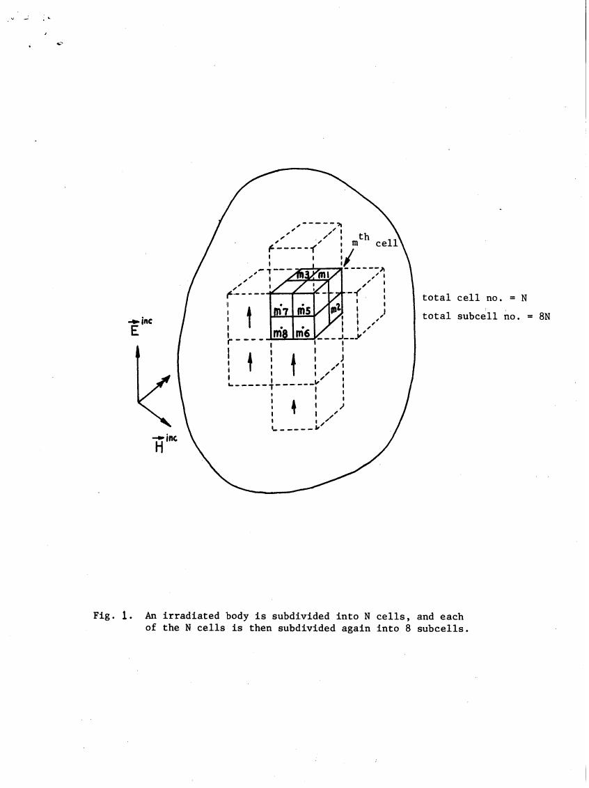 AI-described figure: Fig. 1. An irradiated body is subdivided into N cells, and each of the N cells is then subdivided again into 8 subcells.
