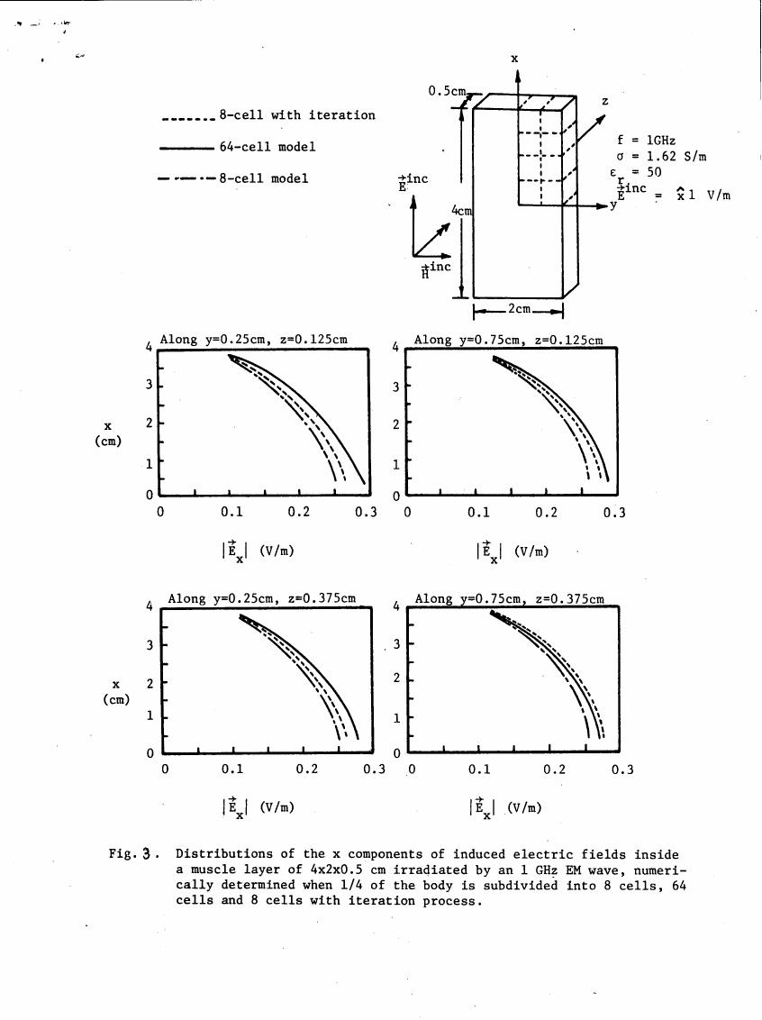 AI-described figure: Fig.3: Distributions of the x components of induced electric fields inside a muscle layer of 4x2x0.5 cm irradiated by an 1 GHz EM wave, numerically determined when 1/4 of the body is subdivided into 8 cells, 64 cells and 8 cells with iteration process.