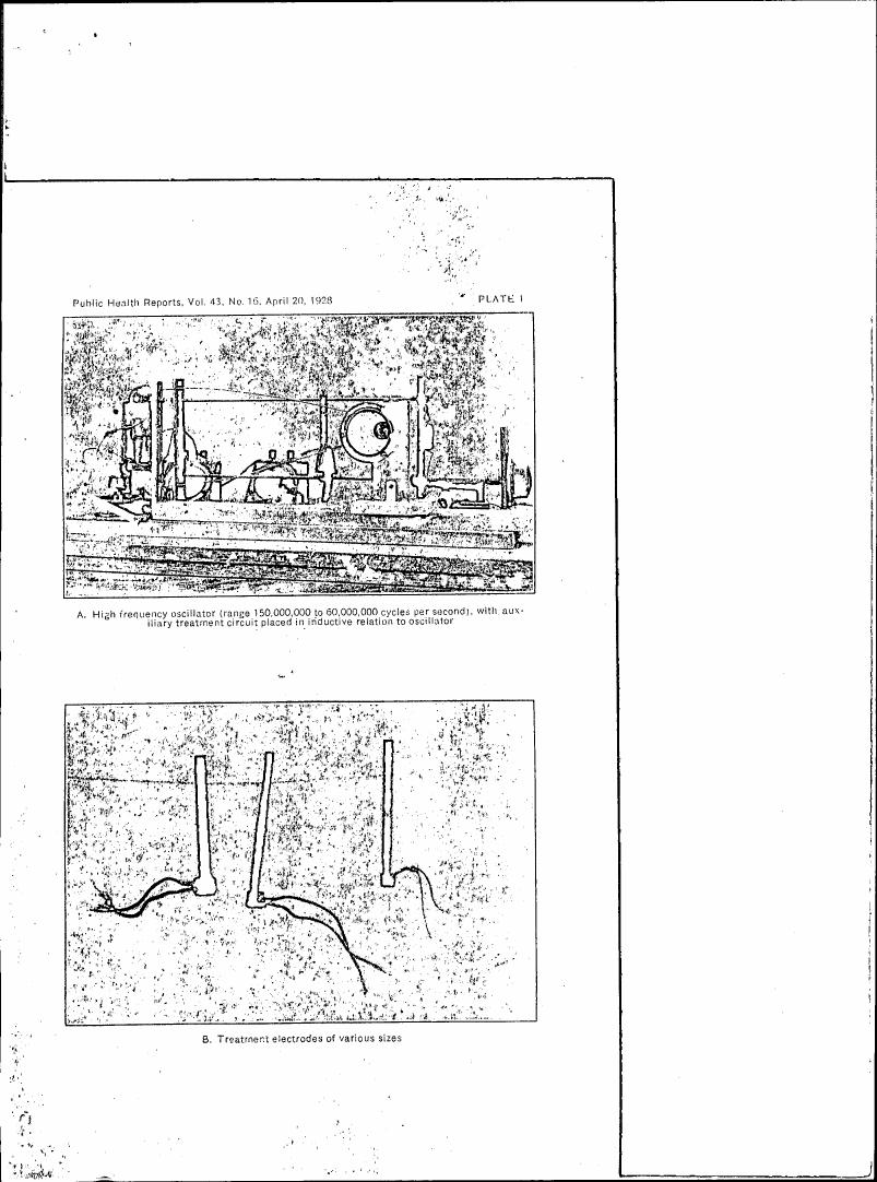 AI-described figure: Plate I from Public Health Reports showing a high frequency oscillator and treatment electrodes.