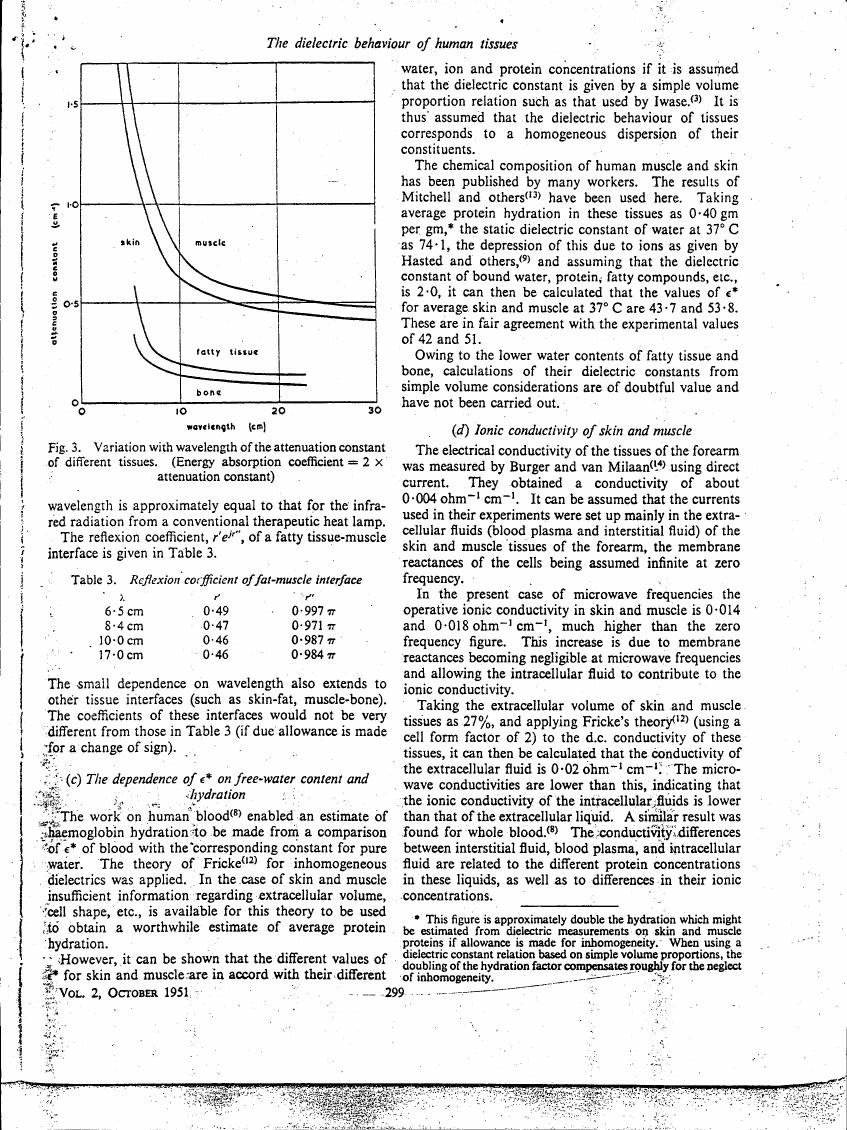 AI-described figure: Figure 3. Variation with wavelength of the attenuation constant of different tissues.