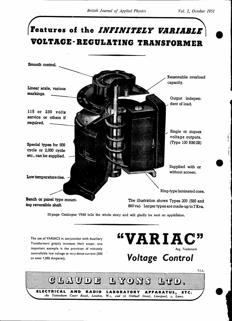 Features and specifications of an infinitely variable voltage-regulating transformer.