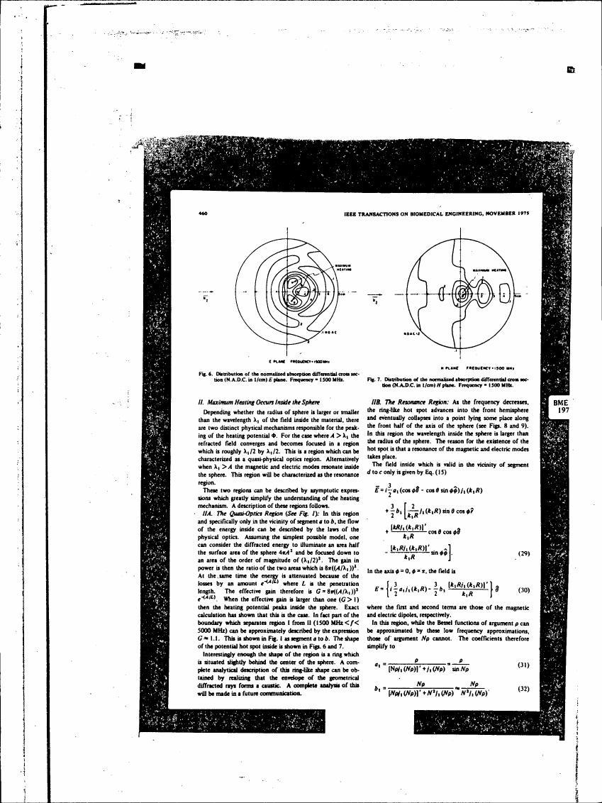 AI-described figure: Figures showing distribution of normalized absorption differential cross sections in E and H planes for a sphere at different frequencies.