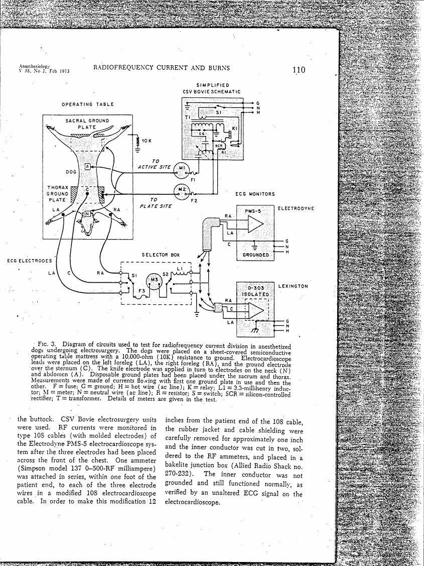 Figure 3. Diagram of circuits used to test for radiofrequency current division in anesthetized dogs undergoing electrosurgery.