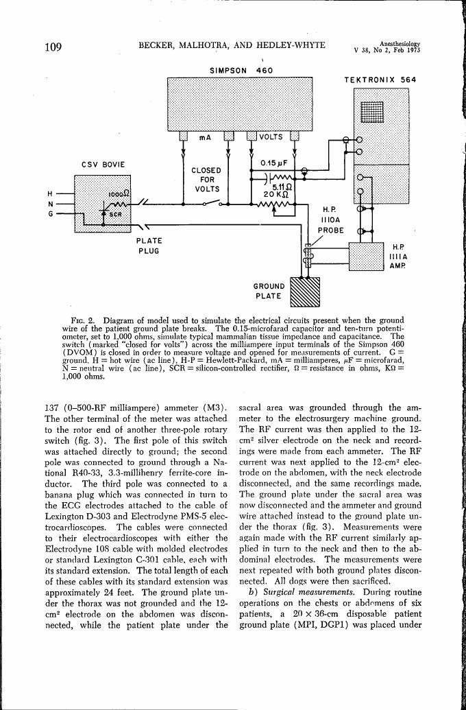 Figure 2. Diagram of model used to simulate the electrical circuits present when the ground wire of the patient ground plate breaks.