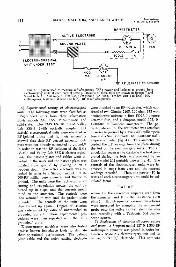 AI-described figure: Figure 4. System used to measure radiofrequency (RF) power and leakage to ground from electro-surgical units at each control setting.