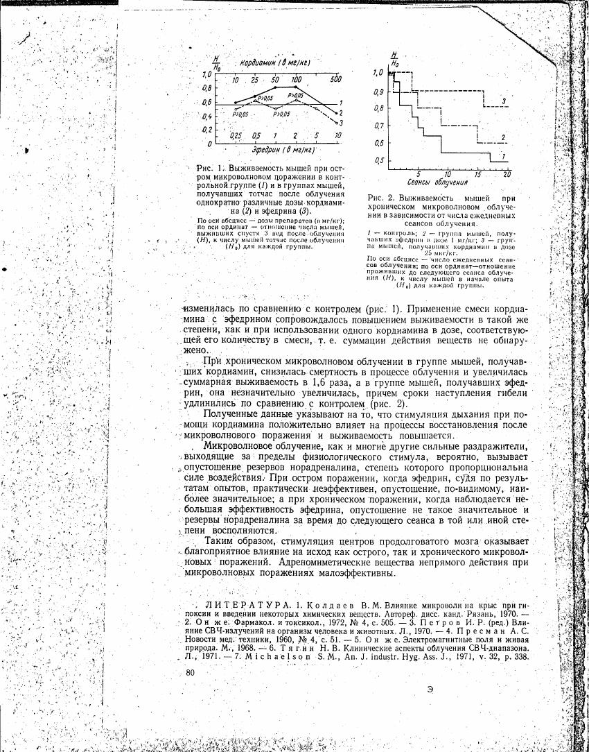 AI-described figure: Figure 1 illustrates survival rates of mice in a control group and groups treated with varying doses of cordiamine or ephedrine after microwave exposure.