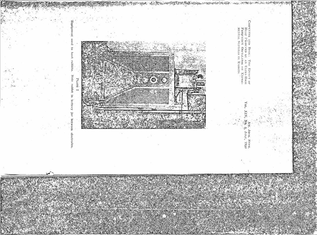 Plate I: Equipment used to heat rabbits. Note rabbit in battery jar between electrodes.