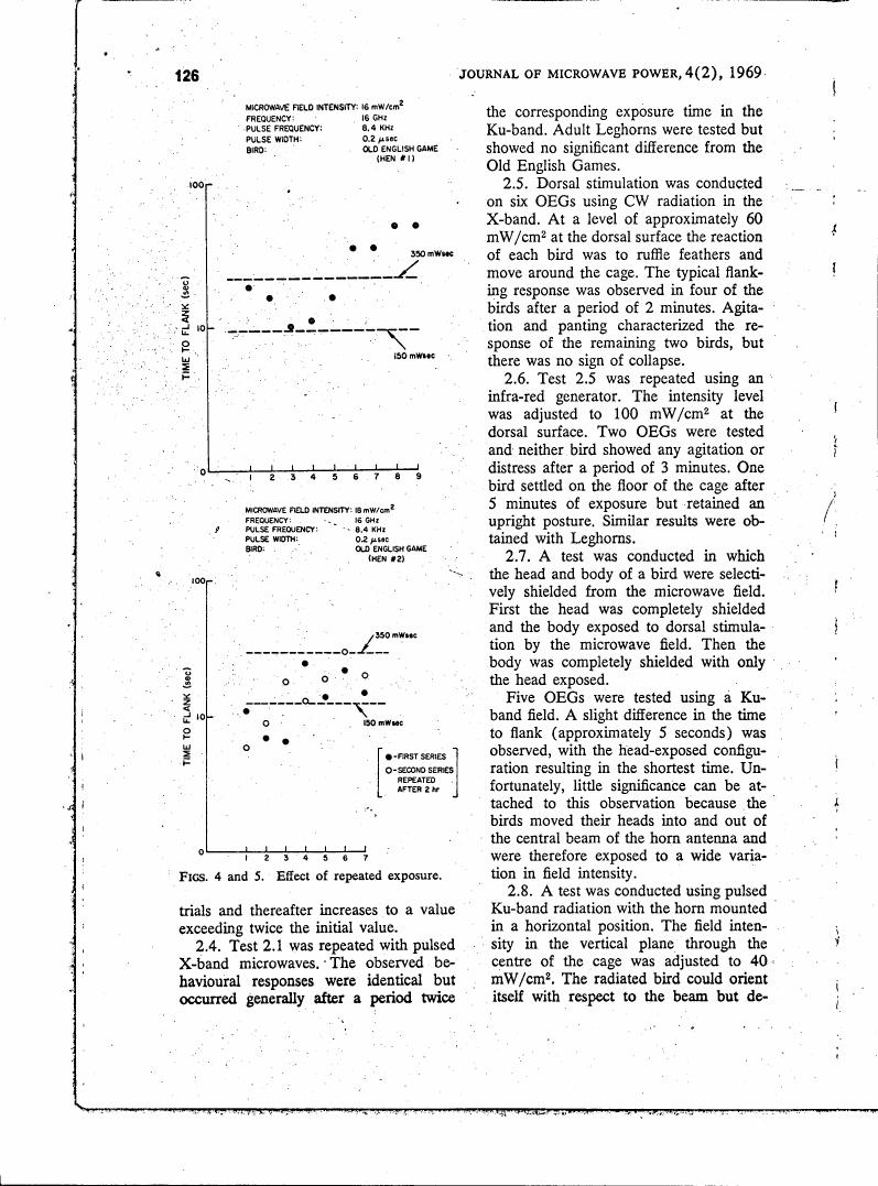 AI-described figure: Effect of repeated exposure on time to flank for Old English Game birds under microwave radiation.