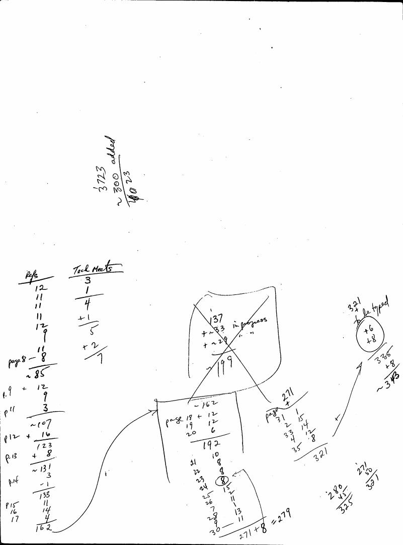 AI-described figure: A hand-drawn diagram with various annotations and calculations, including references to pages and numbers.