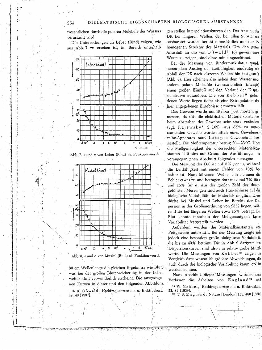AI-described figure: Charts showing dielectric constant (ε) and conductivity (σ) as a function of wavelength for liver and muscle tissue from cattle.