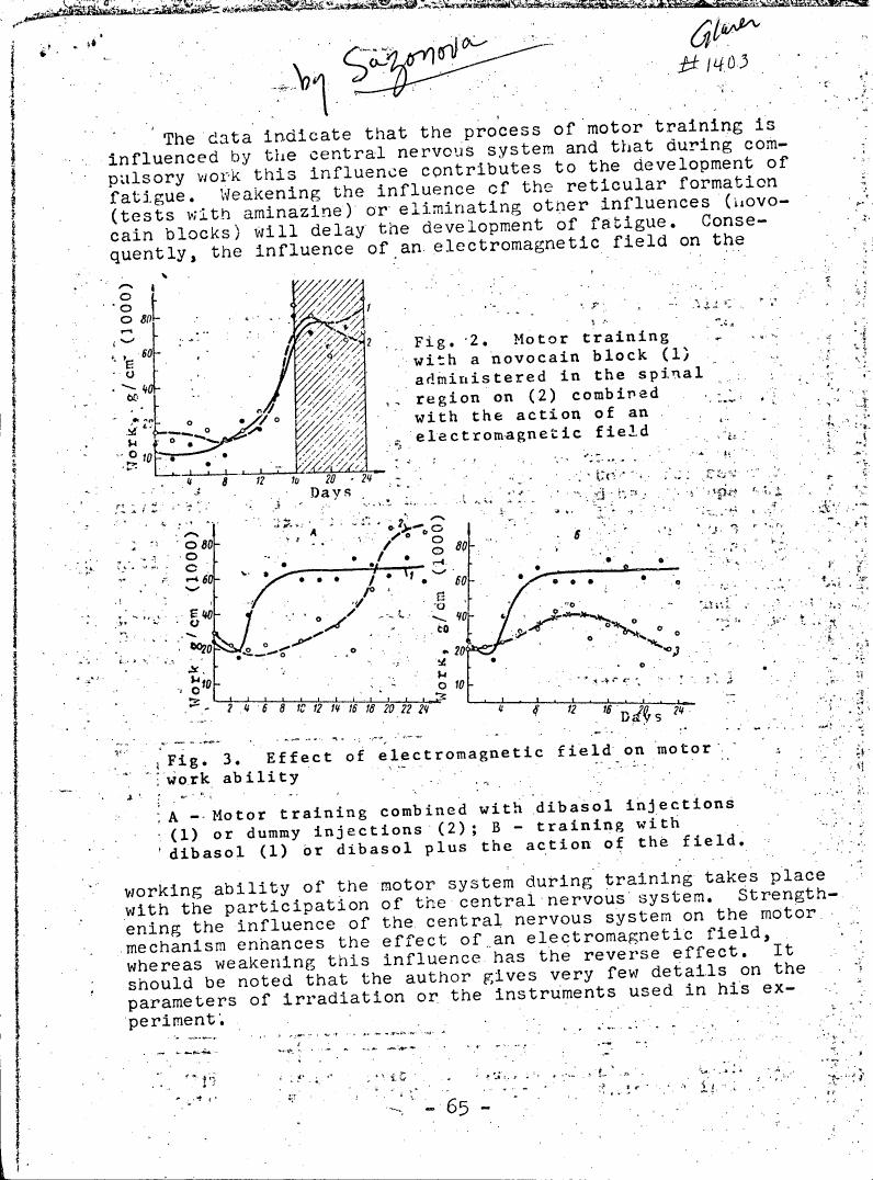 Fig. 2. Motor training with a novocain block (1) administered in the spinal region on (2) combined with the action of an electromagnetic field