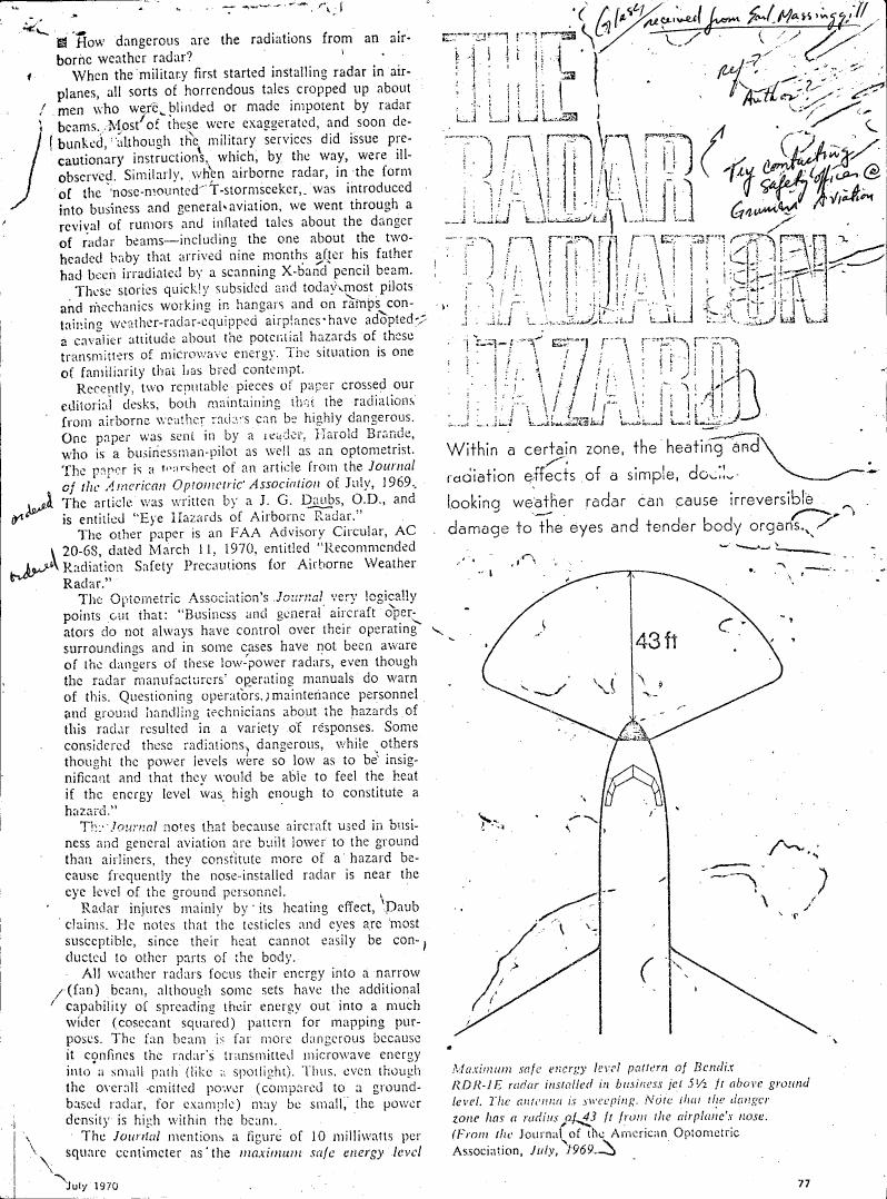 A diagram illustrating the maximum safe energy level pattern of a Bendix RDR-1E radar installed in a business jet above ground level, showing the danger zone with a radius of 43 ft from the airplane's nose.