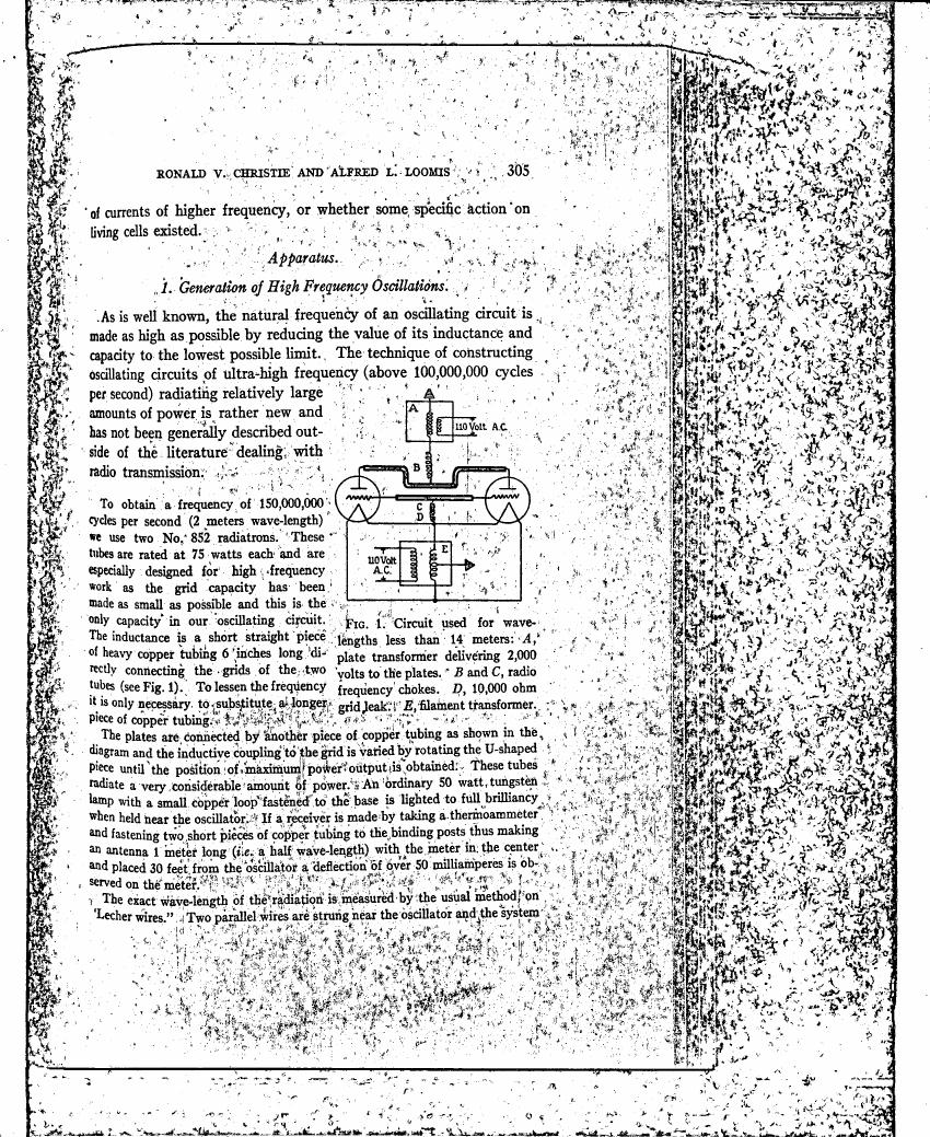 AI-described figure: Figure 1. Circuit used for wavelengths less than 14 meters: A, plate transformer delivering 2000 volts to the plates; B and C, radio frequency chokes; D, 10,000 ohm grid leak; E, filament transformer.