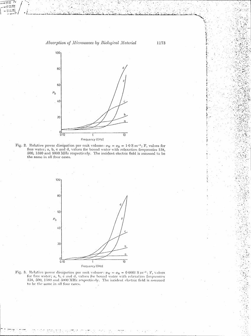 AI-described figure: Fig. 2 and Fig. 3 show relative power dissipation per unit volume for free water and bound water with different relaxation frequencies.