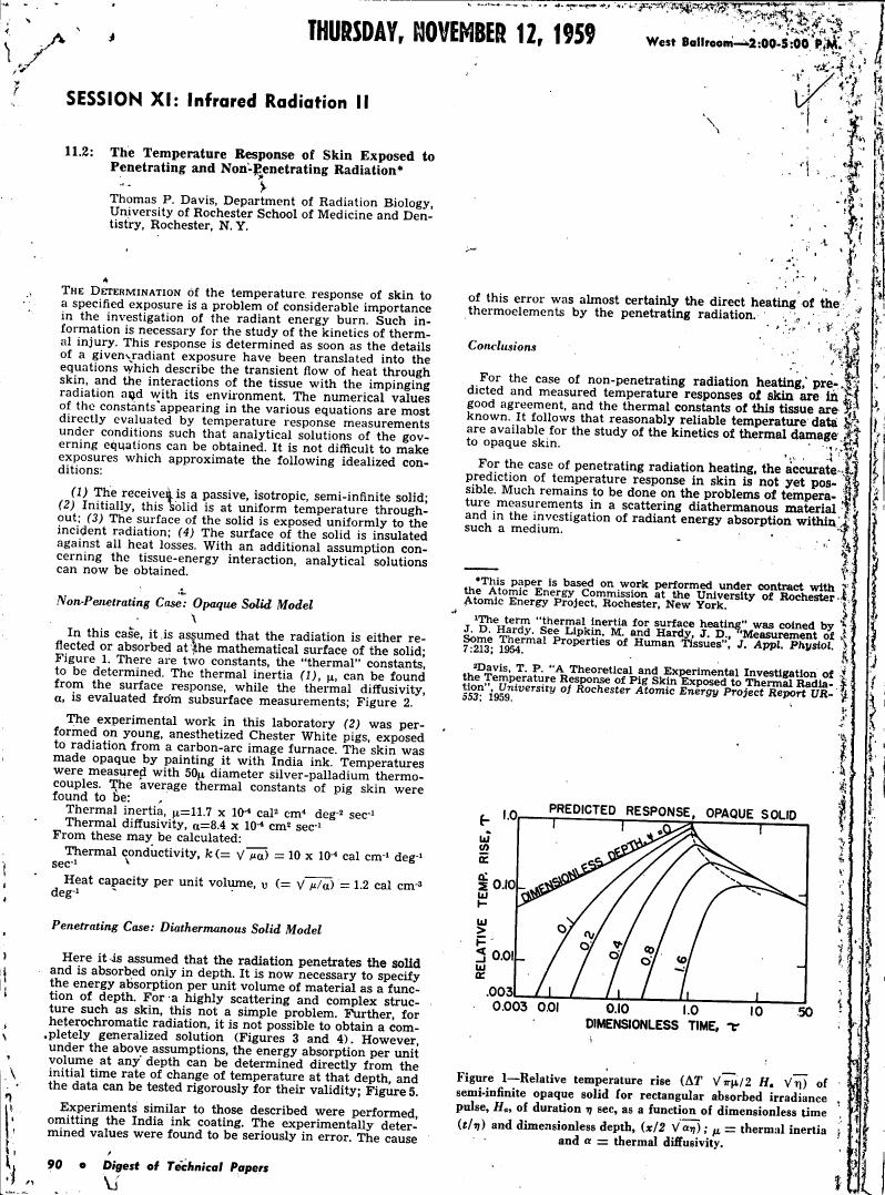 Figure 1 illustrates the relative temperature rise over time for a semi-infinite opaque solid under absorbed irradiance pulse conditions.