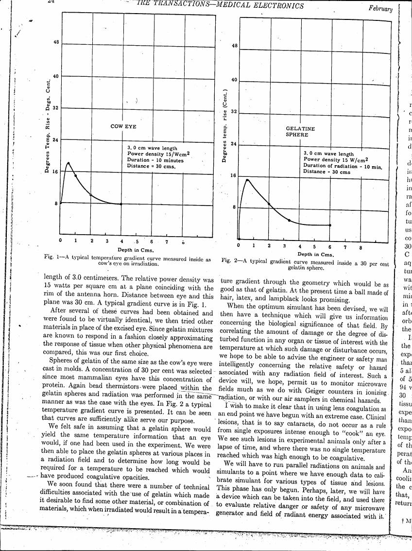 Fig. 1: A typical temperature gradient curve measured inside a cow's eye on irradiation.
