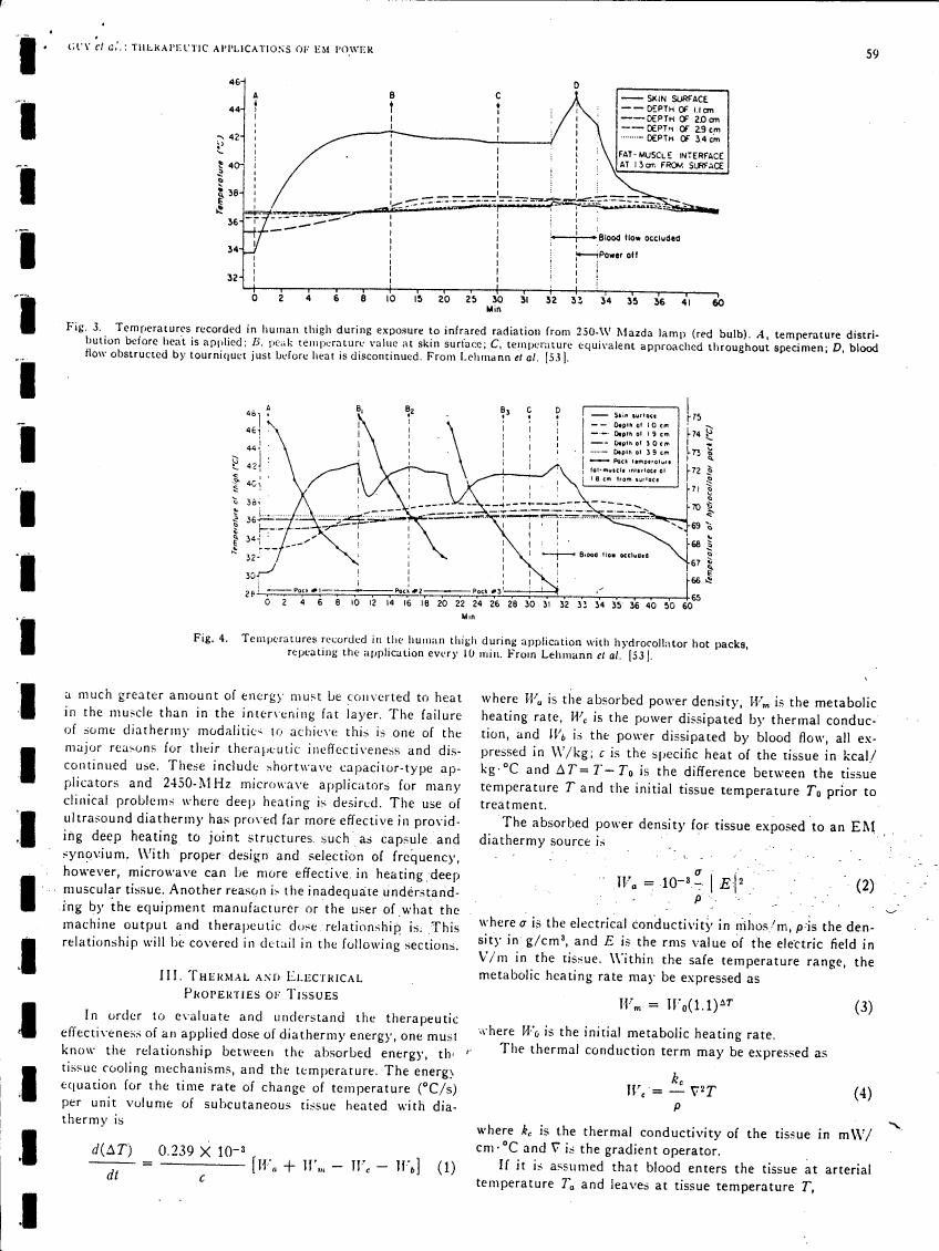AI-described figure: Temperatures recorded in human thigh during exposure to infrared radiation from a 250-W Mazda lamp (red bulb), showing temperature distribution and peak temperatures at different depths.