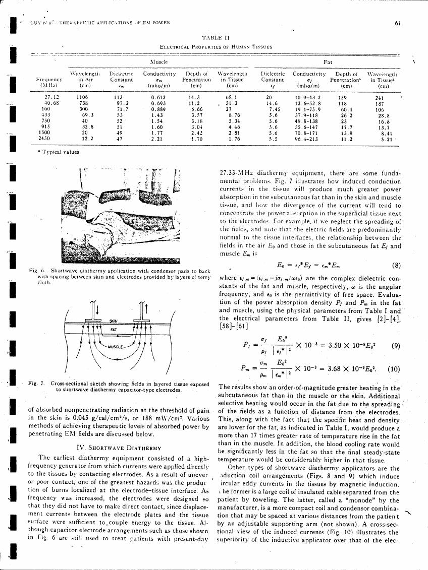 AI-described figure: Fig. 6 illustrates a shortwave diathermy application with condenser pads back to back with spacing between skin and electrodes provided by layers of terry cloth.