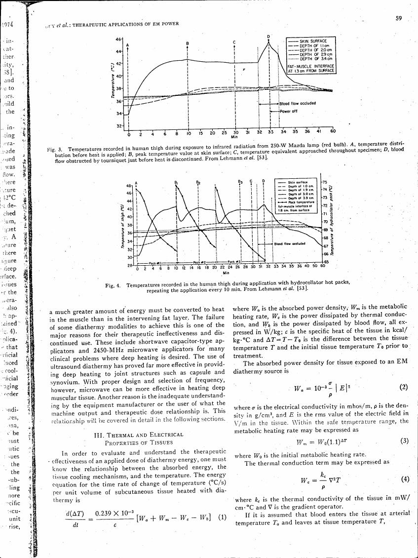 Fig. 3: Temperatures recorded in human thigh during exposure to infrared radiation from a 250-W Mazda lamp (red bulb), showing temperature distribution over time and depth.