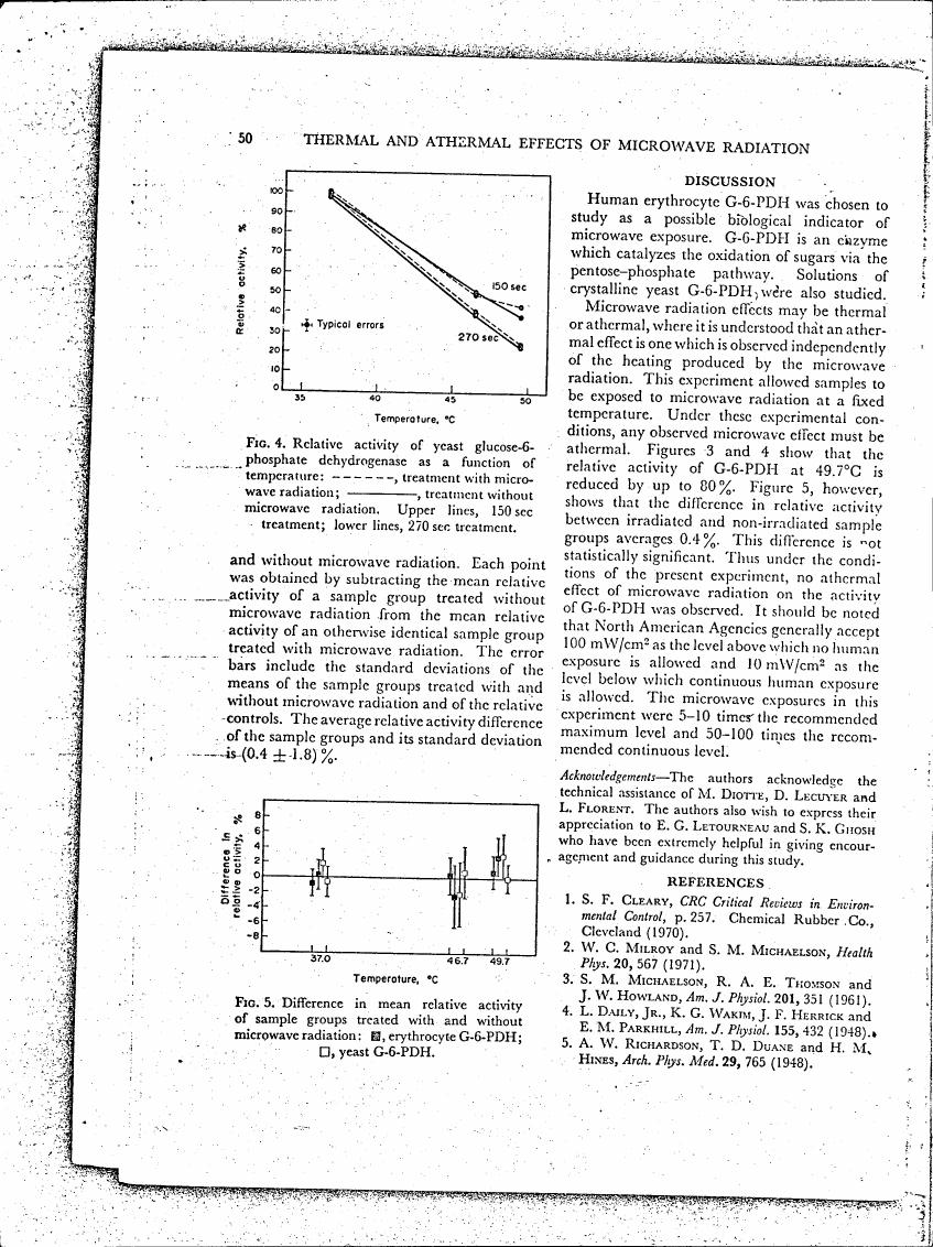 Figure 4. Relative activity of yeast glucose-6-phosphate dehydrogenase as a function of temperature: treatment with microwave radiation and without microwave radiation.