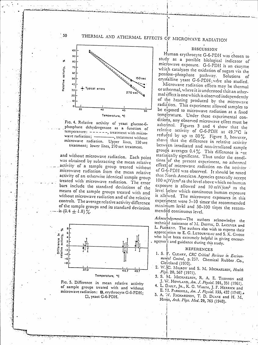 Figure 4. Relative activity of yeast glucose-6-phosphate dehydrogenase as a function of temperature: treatment with microwave radiation and without microwave radiation.