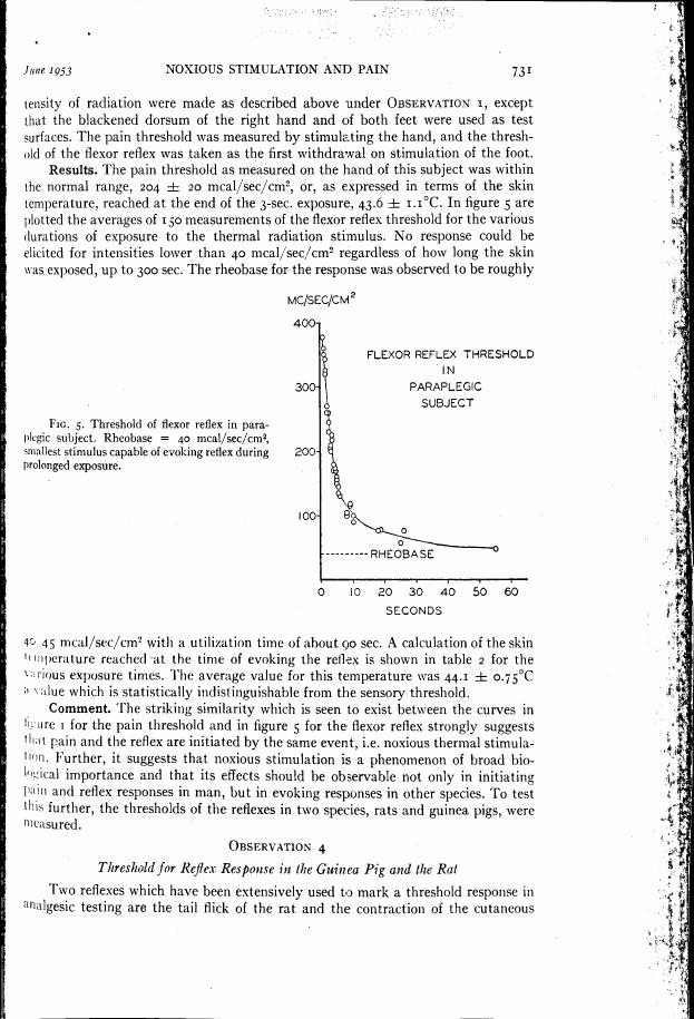 AI-described figure: Figure 5: Threshold of flexor reflex in paraplegic subject. Rheobase = 40 mcal/sec/cm², smallest stimulus capable of evoking reflex during prolonged exposure.