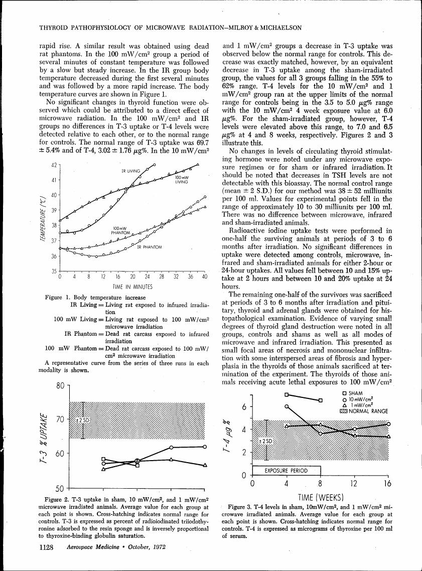 Figure 1. Body temperature increase showing curves for living and dead rat phantoms exposed to infrared or microwave radiation.