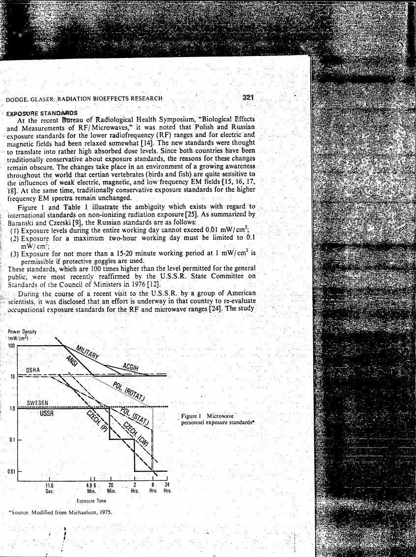 AI-described figure: Figure 1 illustrates microwave personnel exposure standards across different countries and organizations.