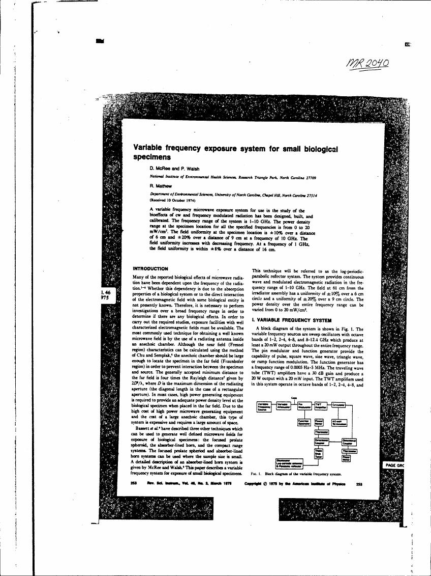 AI-described figure: Block diagram of a variable frequency system for microwave exposure.