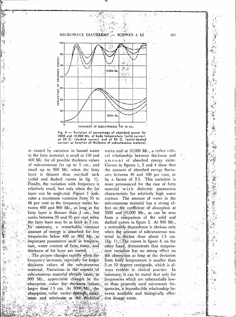 Variation of percentage of absorbed power for 3000 and 10,000 Mc. at body temperature (solid curves), at 20 C. (dashed curves) and at 50 C. (point-dashed curves) as function of thickness of subcutaneous material.