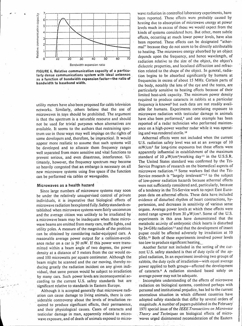 Figure 6. Relative communication capacity as a function of bandwidth expansion ratio for a dense communications system.