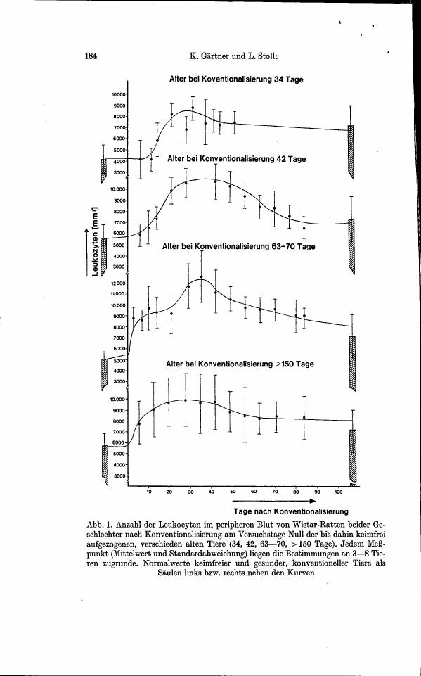 AI-described figure: Figure 1 illustrates the leukocyte count in peripheral blood from Wistar rats after conventionalization at different ages (34 days, 42 days, 63-70 days, and >150 days), showing mean values with standard deviations.